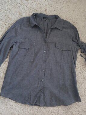 Eileen Fisher Womens L Linen Blend Button Up Gray Roll Tab Sleeve Lagenenlook